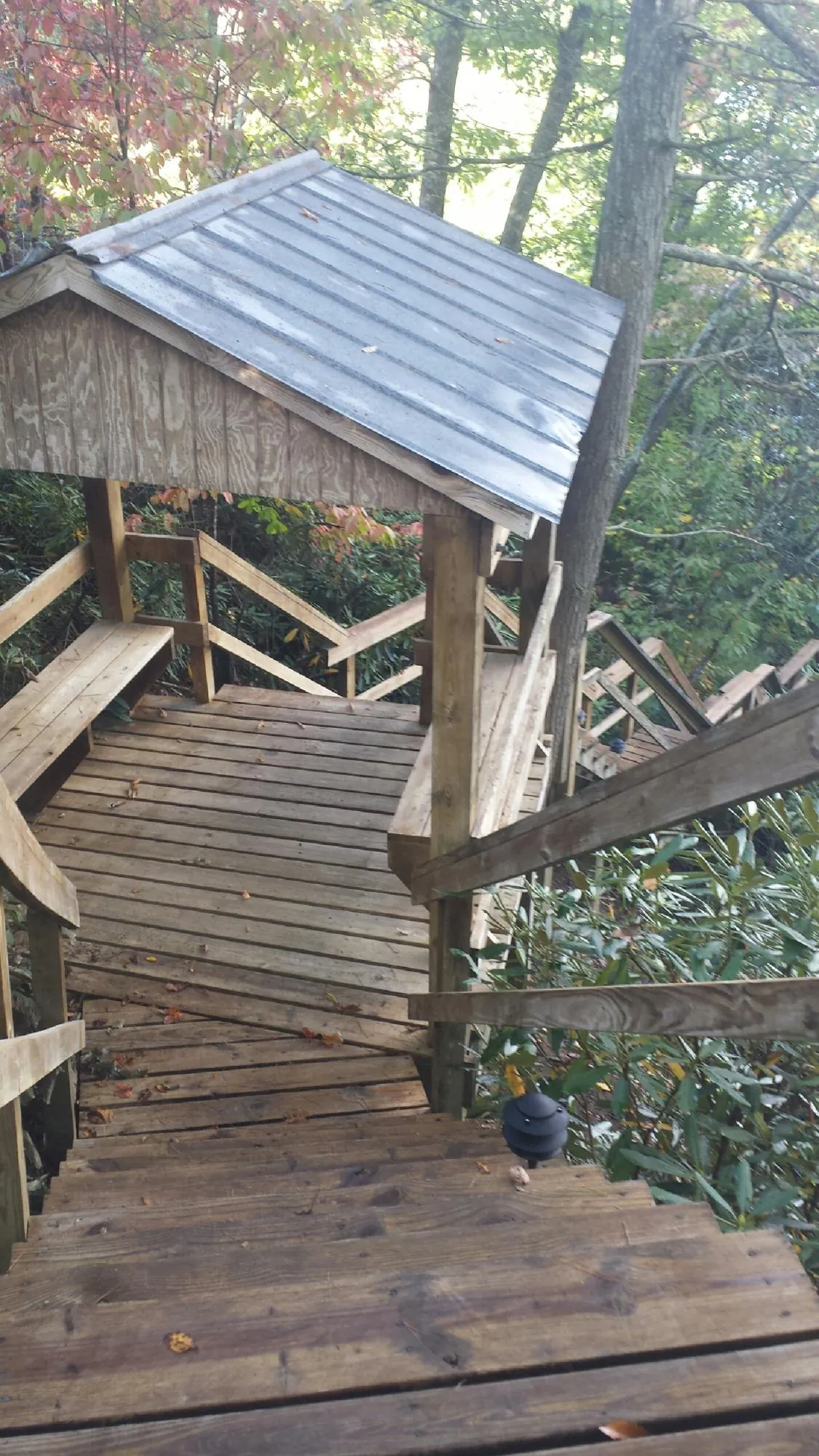 Metal roofed shelter over wooden steps on a wooded walkway — Skylight Repair & Installation work by our crew in Newton Lower Falls